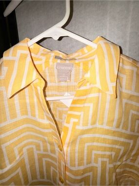 Chico's Yellow & White Geometric Button-Front Top 100% Linen